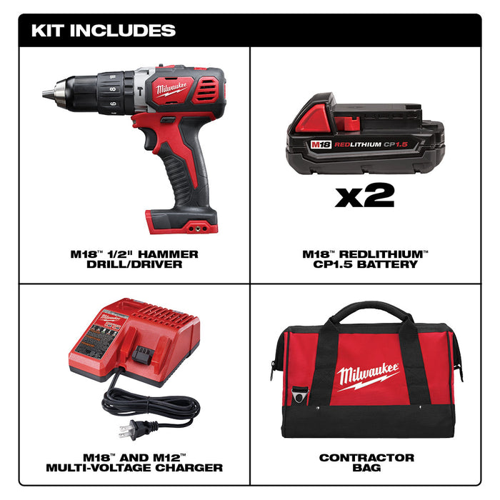 Kit de taladro percutor/destornillador compacto MILWAUKEE M18™ de 1/2"