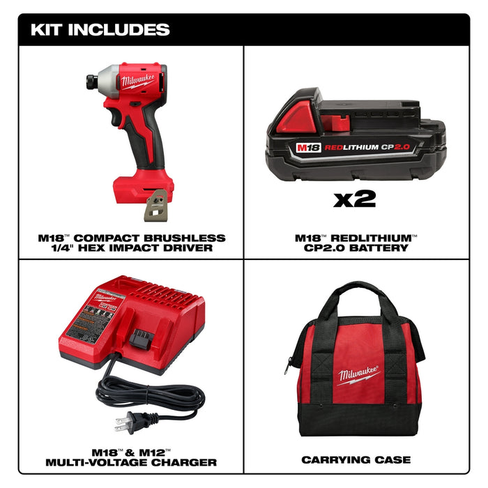 Milwaukee M18 Compact Brushless 1/4" Hex Impact Driver Kit 3650-22CT