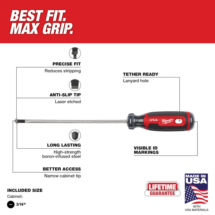 MILWAUKEE 3/16" Cabinet 6" Cushion Grip Screwdriver