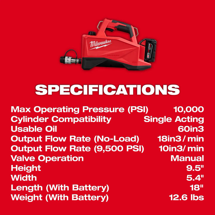 MILWAUKEE M18™ Single Acting 60-IN-3 10,000 PSI Hydraulic Pump Kit