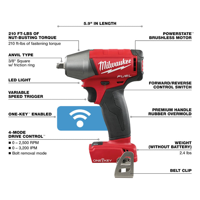 MILWAUKEE M18 FUEL w/ ONE-KEY 3/8" Compact Impact Wrench w/ Friction Ring (Tool Only)