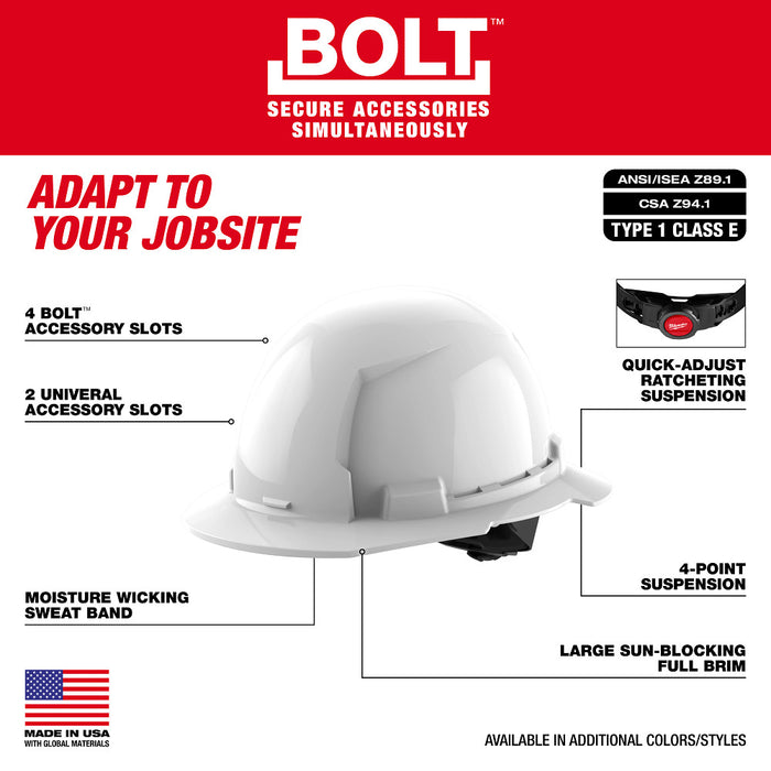 MILWAUKEE BOLT™ Full Brim Hard Hat w/ 4PT Ratcheting Suspension (USA) - Type 1
