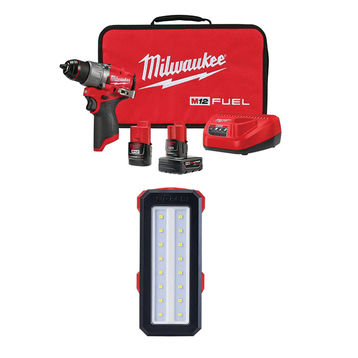 MILWAUKEE M12 FUEL™ 1/2" Hammer Drill/Driver Kit & FREE M12™ ROVER™ Service & Repair Flood Light w/ USB Charging