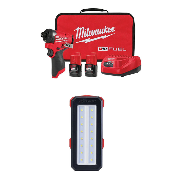 MILWAUKEE M12 FUEL™ 1/4" Hex Impact Driver Kit & FREE M12™ ROVER™ Service & Repair Flood Light w/ USB Charging