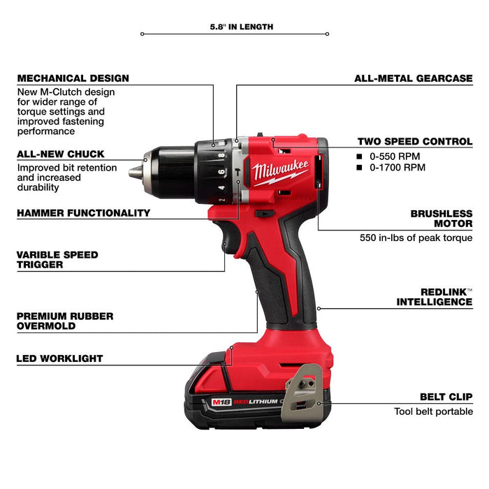 Milwaukee Tools M18 CPBL Hammer Drill 1 Bat Kit 3602-21P