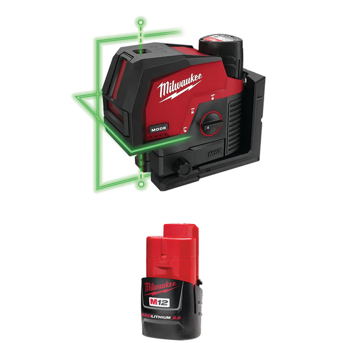 MILWAUKEE M12™ Green Cross Line & Plumb Points Laser & FREE M12™ REDLITHIUM™ 3.0 Compact Battery