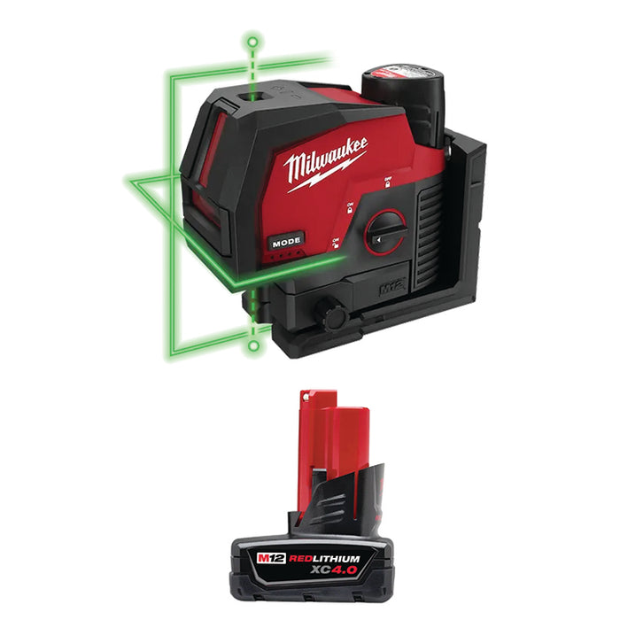 MILWAUKEE M12™ Green Cross Line & Plumb Points Laser Kit & FREE M12™ REDLITHIUM™ XC 4.0 Extended Capacity Battery