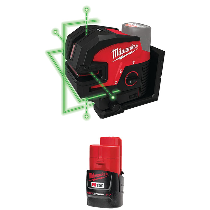 MILWAUKEE M12™ Green Laser – Cross Line & 4-Points & FREE M12™ REDLITHIUM™ 3.0 Compact Battery