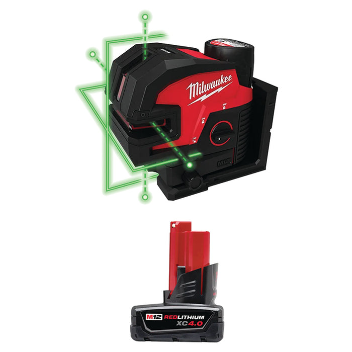 MILWAUKEE M12™ Green Cross Line & 4-Points Laser Kit & FREE M12™ REDLITHIUM™ XC 4.0 Extended Capacity Battery