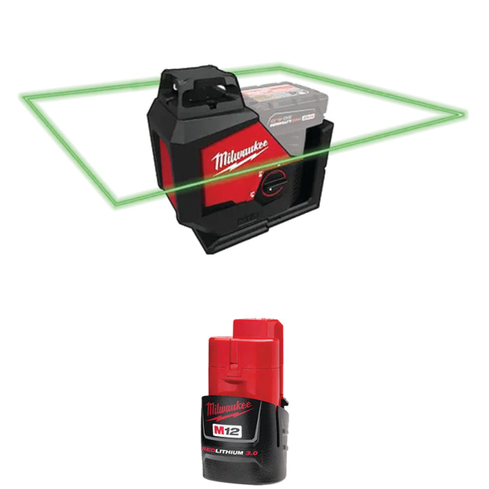 Láser de plano único verde de 360° MILWAUKEE M12™ y batería compacta M12™ REDLITHIUM™ 3.0 GRATIS