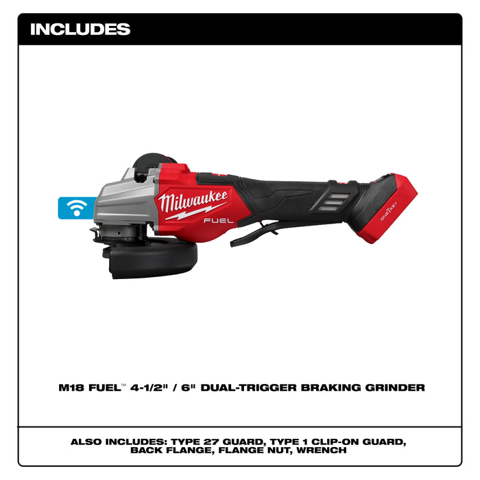 Milwaukee Tools M18 FUEL™ 4 1/2" - 6" Dual Trigger Braking Grinder, Paddle Switch w/ ONE KEY™