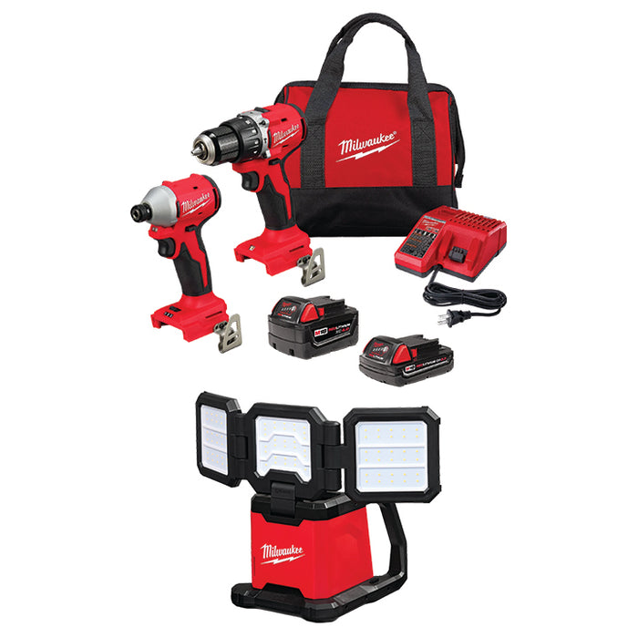 MILWAUKEE M18™ Compact 2-Tool Combo Kit & FREE M18™ ROVER™ Dual Power Triple-Panel Flood & Area Light