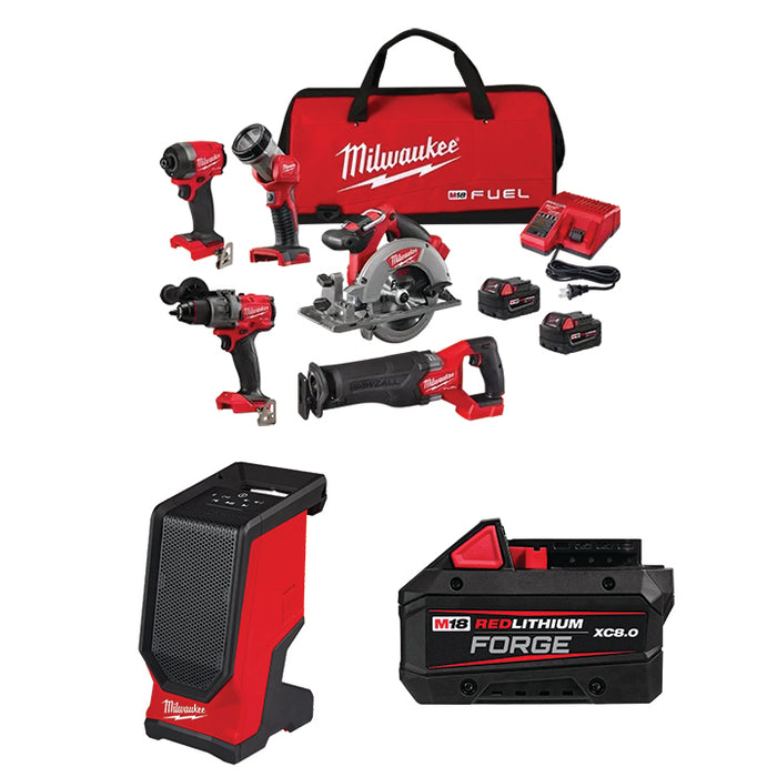 MILWAUKEE M18 FUEL™ 5-Tool Combo Kit w/ FREE M18™ Bluetooth® Jobsite Speaker & M18™ REDLITHIUM™ FORGE™ XC8.0 Battery