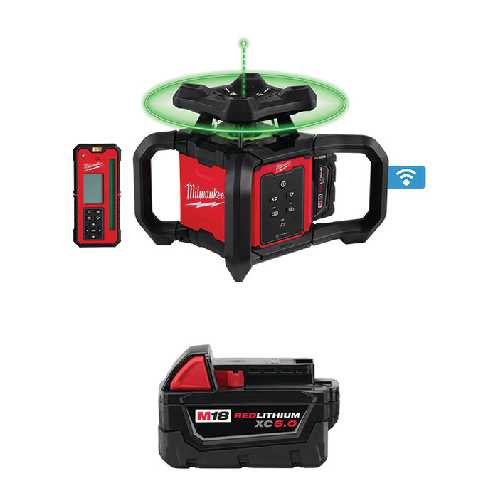 Kit de nivel láser giratorio para interiores verde MILWAUKEE M18™ con control remoto/receptor y soporte para montaje en pared y batería de capacidad extendida M18™ REDLITHIUM™ XC5.0 GRATIS