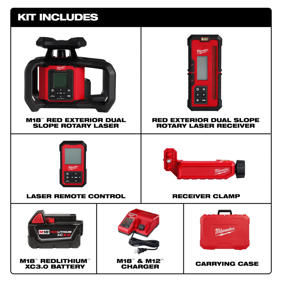 MILWAUKEE M18™ Red Exterior Dual Slope Rotary Laser Level Kit