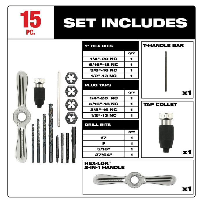 MILWAUKEE 15 PC. SAE Tap & Die Set w/ HEX-LOK 2-IN-1 Handle
