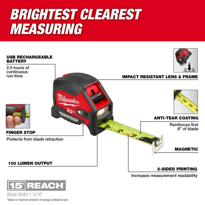 MILWAUKEE 25' Compact Wide Blade Magnetic Tape Measure w/ Rechargeable 100L Light