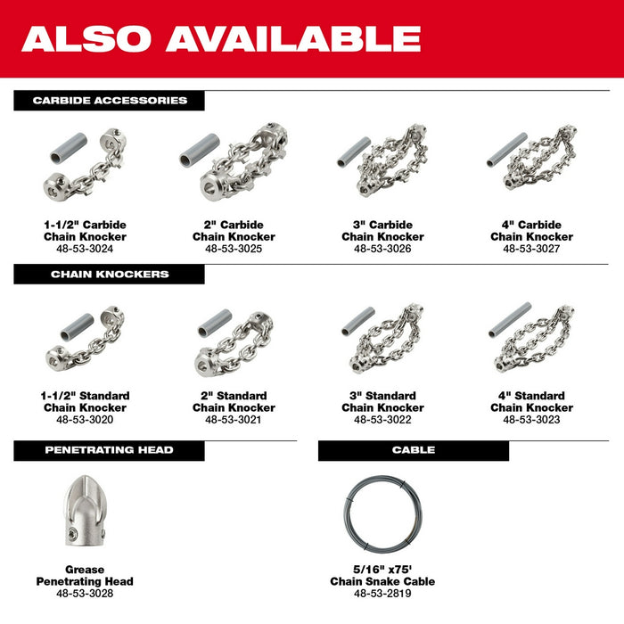 MILWAUKEE 2" Flex Shaft Drain Cleaner Standard Chain