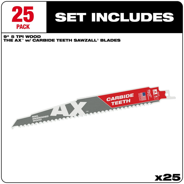 MILWAUKEE 9" 5 TPI AX™ Nail Embedded Wood SAWZALL® Blade w/ Carbide Teeth