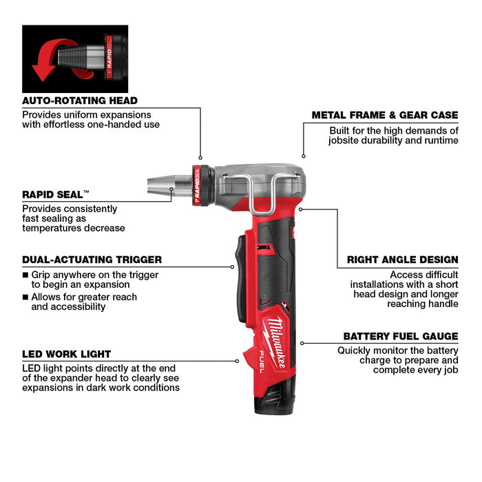 Expansor MILWAUKEE M12 FUEL™ ProPEX® con kit de cabezales expansores RAPID SEAL™ ProPEX® de 1/2"-1"