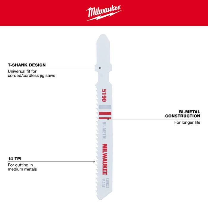 Milwaukee Tools 14 TPI, Bi-Metal Jig Saw Blades, 48-42-5190