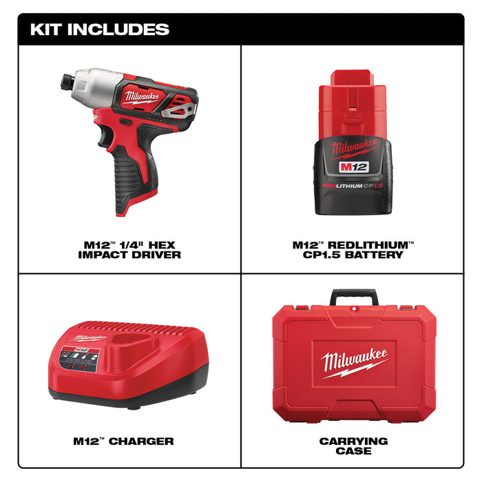MILWAUKEE M12™ Kit de destornillador de impacto hexagonal de 1/4”