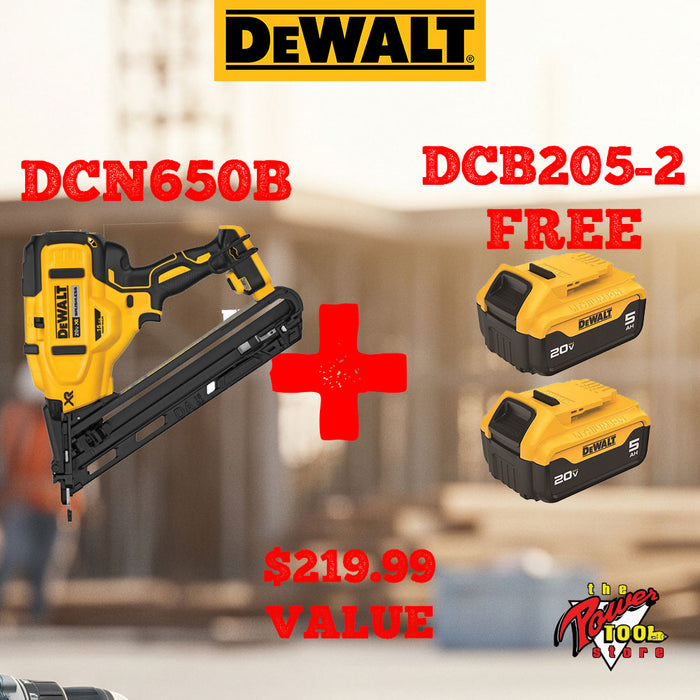 DeWalt DCN650B 20V MAX XR 15 GA Angled Finish Nailer + DCB205-2 Batteries FREE
