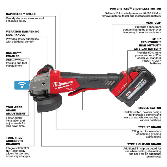 MILWAUKEE M18 FUEL 4-1/2" / 5" Braking Grinder w/ ONE-KEY & Paddle No Lock Switch Kit