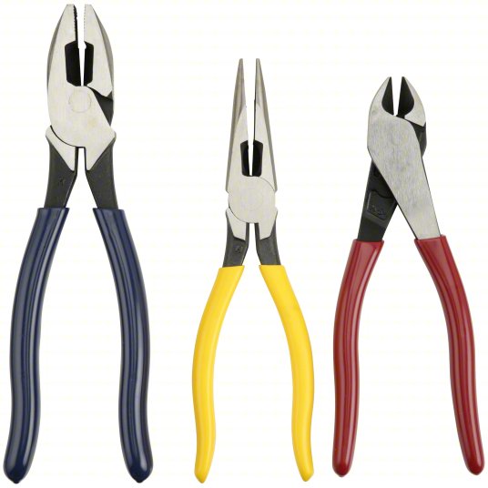 Klein Tools Plier Combo Set: 3 Pliers, Std Cushion Grip, Manual, 2 - 5 Pliers Range