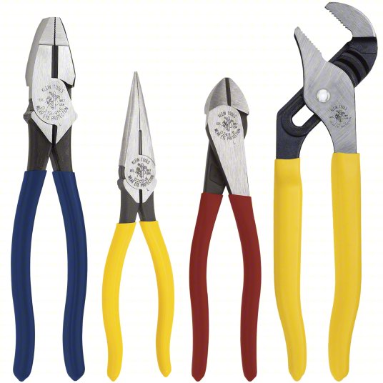 Klein Tools Plier Set: 4 Pliers, Std Cushion Grip, Manual, 2 - 5 Pliers Range