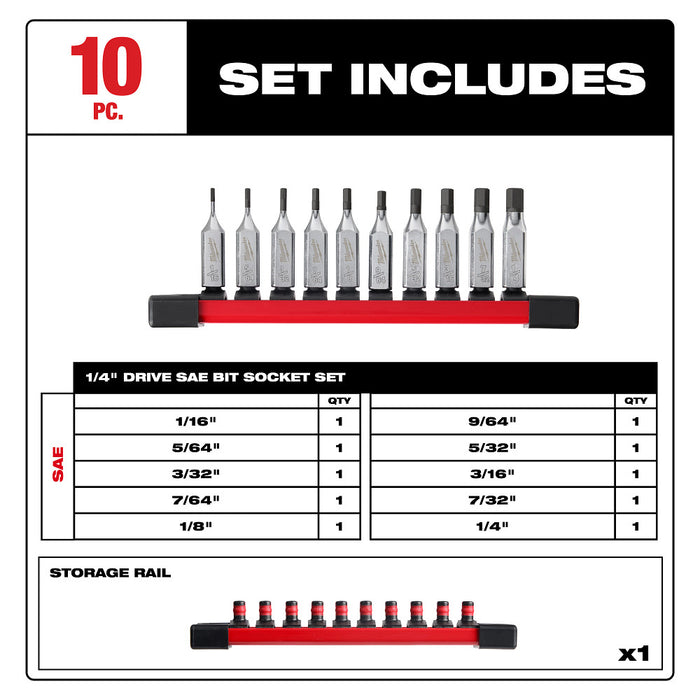 MILWAUKEE 10 PC. 1/4" Drive Hex Bit Socket Set - SAE