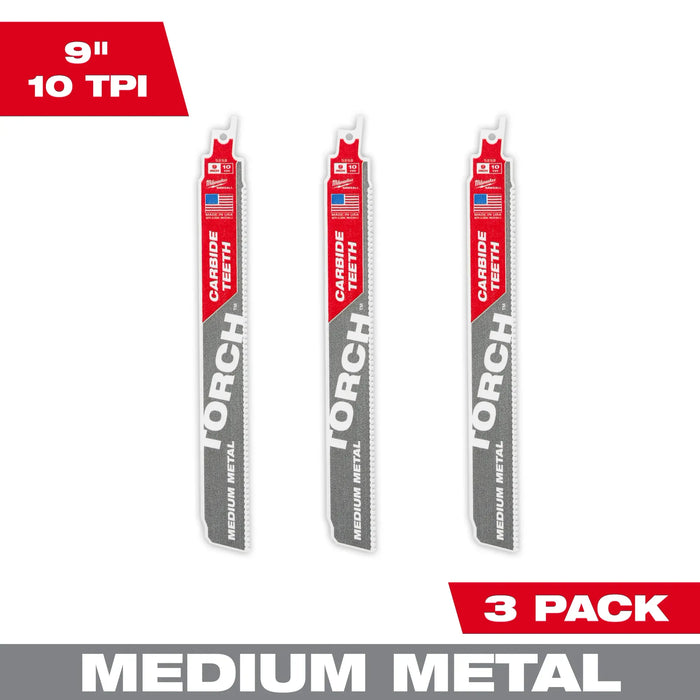 MILWAUKEE 9" 10 TPI TORCH™ w/ Carbide Teeth For Medium Metal (3 PACK)