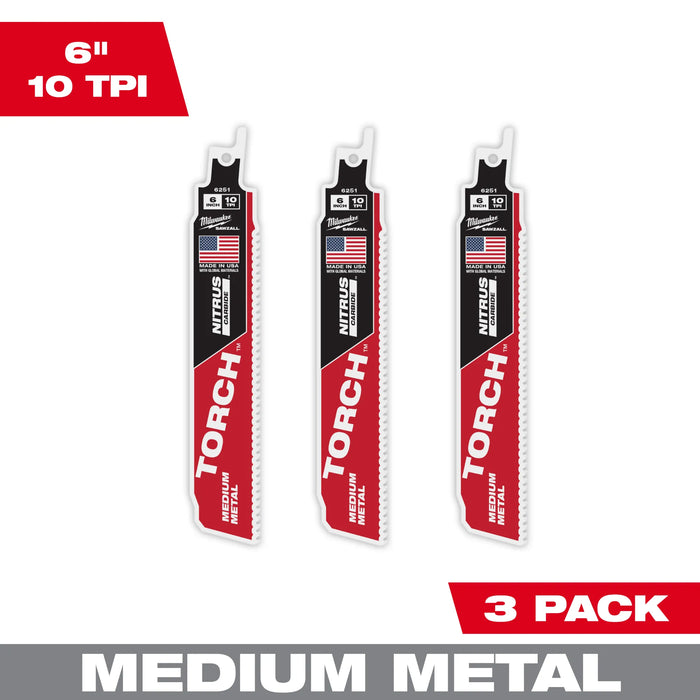 MILWAUKEE 6" 10 TPI TORCH™ Medium Metal SAWZALL® Blade w/ NITRUS CARBIDE™ (3 PACK)