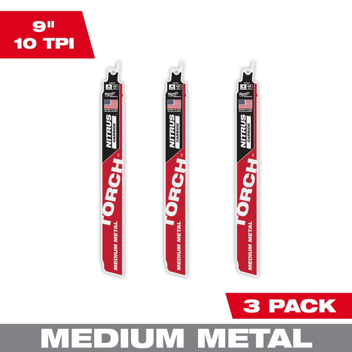 MILWAUKEE 9" 10 TPI TORCH™ Medium Metal SAWZALL® Blade w/ NITRUS CARBIDE™ (3 PACK)