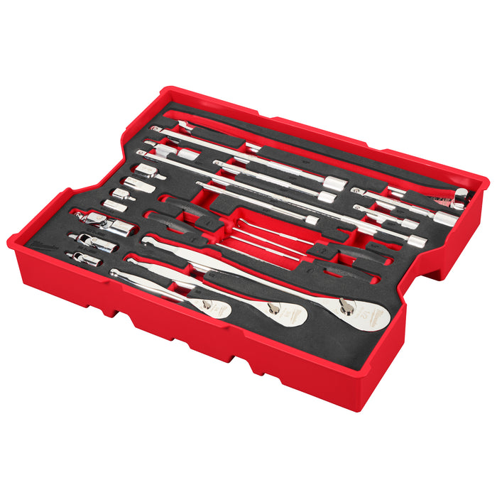 Milwaukee 23 pc. 1/4”, 3/8”, & 1/2” Drive Ratchet and Accessory Set with Tray for PACKOUT™ Drawers
