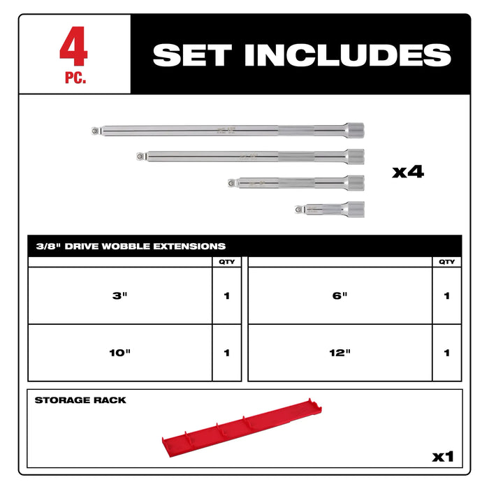 MILWAUKEE 4 PC. 3/8” Drive Wobble Extension Set