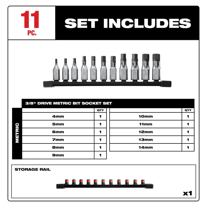 MILWAUKEE 11 UDS. Juego de dados con punta hexagonal con accionamiento de 3/8" - Métricos