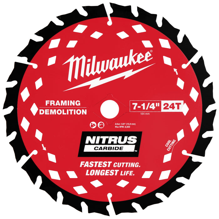 Milwaukee 7-1/4" 24T NITRUS Carbide Framing & Demolition Circular Saw Blade 2-Pack 48-40-0752