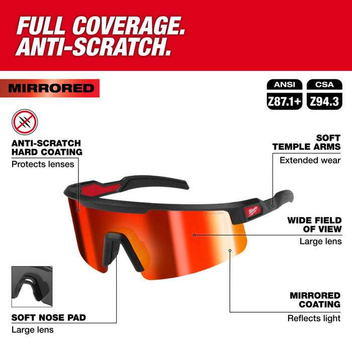 Milwaukee Tools Wrap Around Safety Glasses - Red Mirrored Anti-Scratch Lenses