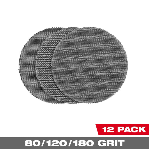 MILWAUKEE 3” Assorted 80, 120, 180 Grit Mesh Sanding Discs w/ POWERGRID™ Tear Resistant Mesh (12 PACK + PAD SAVER)