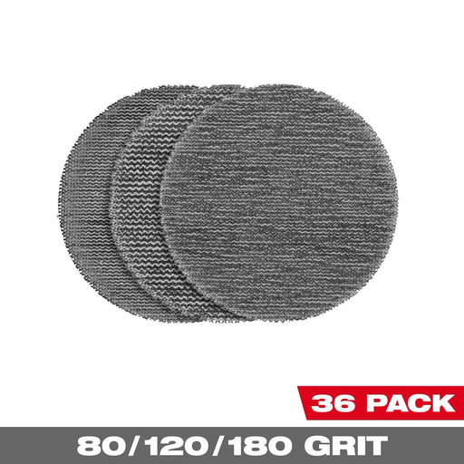 MILWAUKEE 3” Assorted 80, 120, 180 Grit Mesh Sanding Discs w/ POWERGRID™ Tear Resistant Mesh (36 PACK + 3 PAD SAVERS)