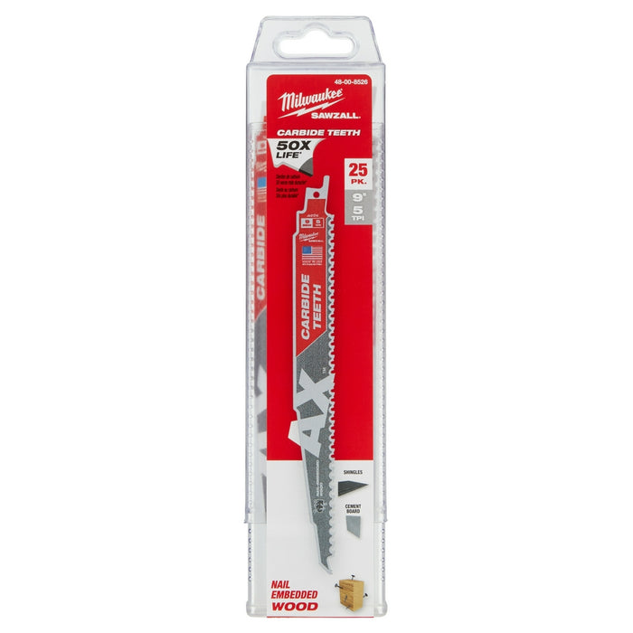 MILWAUKEE 9" 5 TPI AX™ Nail Embedded Wood SAWZALL® Blade w/ Carbide Teeth