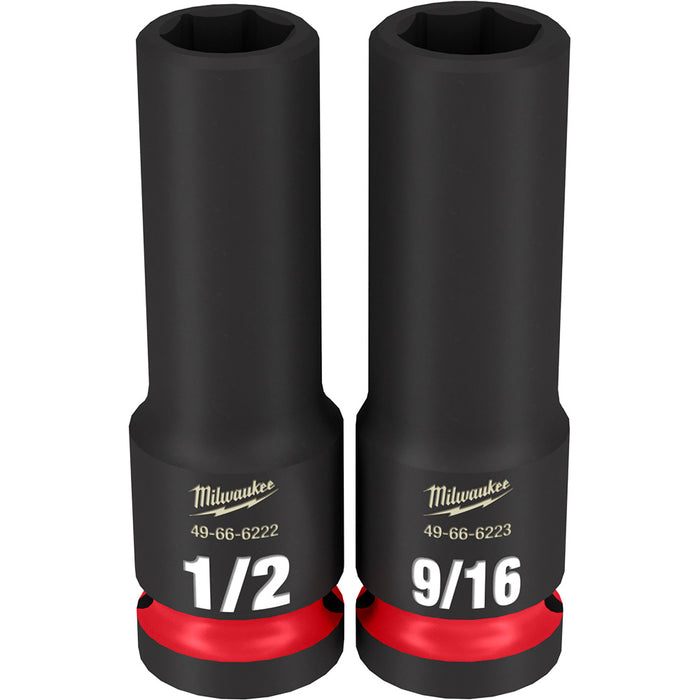 MILWAUKEE Juego de llaves de vaso de 6 puntos profundos SAE con accionamiento de 1/2" SHOCKWAVE Impact Duty de 12 piezas