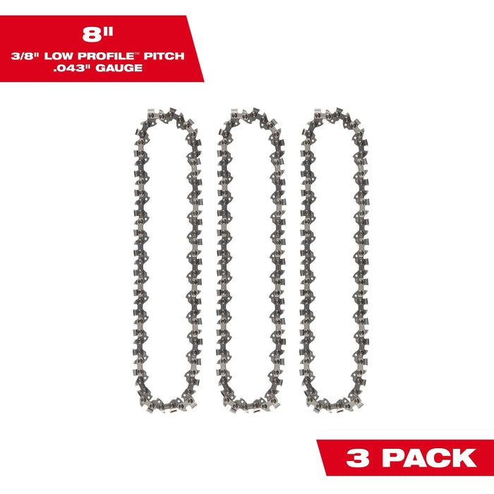 MILWAUKEE 8" 3/8" LOW PROFILE™ Pitch, .043" Gauge Saw Chain (3 PACK)