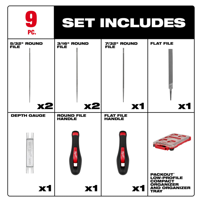 Milwaukee Tools 9pc Saw Chain Sharpening Set with PACKOUT™ Low-Profile Compact Organizer