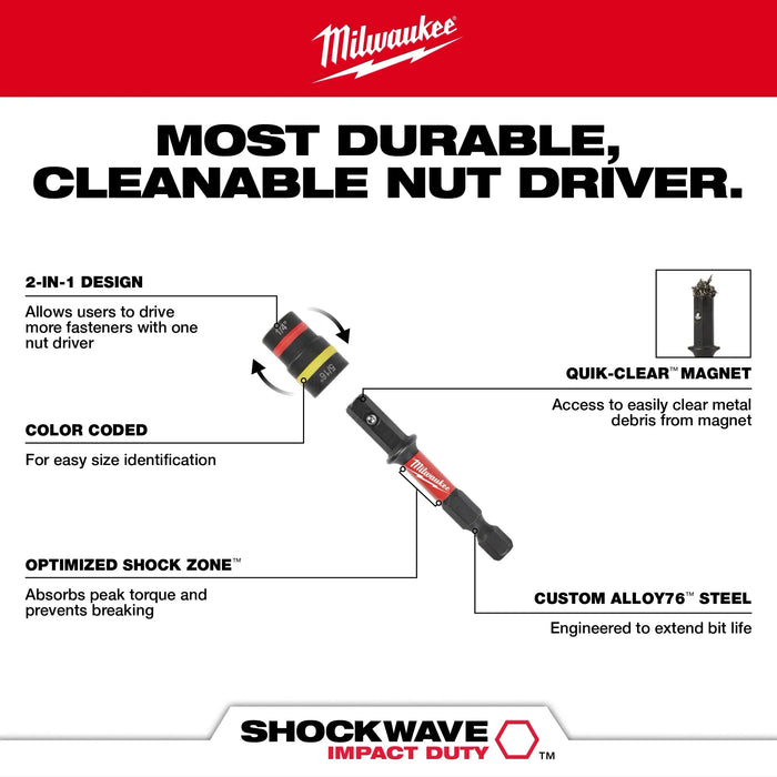 MILWAUKEE Destornillador de tuerca magnético 2 en 1 SHOCKWAVE IMPACT DUTY™ QUIK-CLEAR™ de 1/4" y 5/16" X 2-1/4"