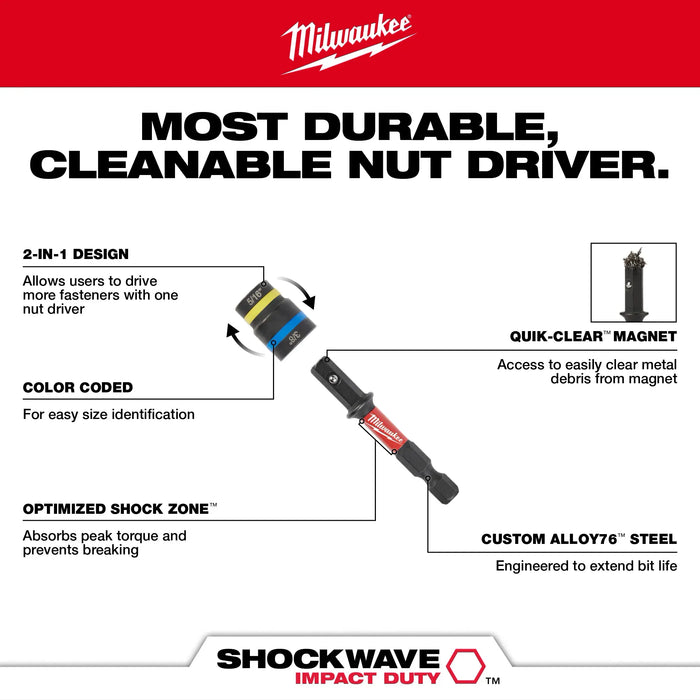 MILWAUKEE Destornillador de tuerca magnético 2 en 1 SHOCKWAVE IMPACT DUTY™ QUIK-CLEAR™ de 5/16" y 3/8" X 2-1/2"