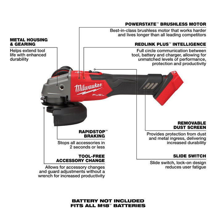 MILWAUKEE M18 FUEL™ Interruptor de bloqueo deslizante de amoladora con freno de velocidad variable de 4-1/2" / 5" (solo herramienta)