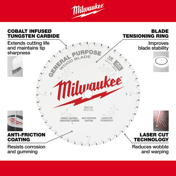 MILWAUKEE 12" 44T Circular Saw Wood Cutting Blade