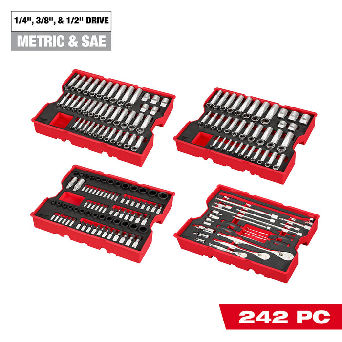 Milwaukee 242pc. 1/4”, 3/8”, & 1/2” Drive Metric & SAE Ratchet & Socket Set with Trays for PACKOUT™ Drawers 48-22-9490